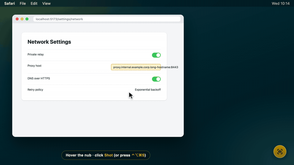 Animated demo of capturing a region, delivering it over SSH, and pasting the remote path into an agent