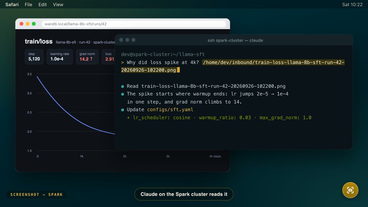 A terminal running claude on a remote machine with a pasted dotshot path and the agent's reply