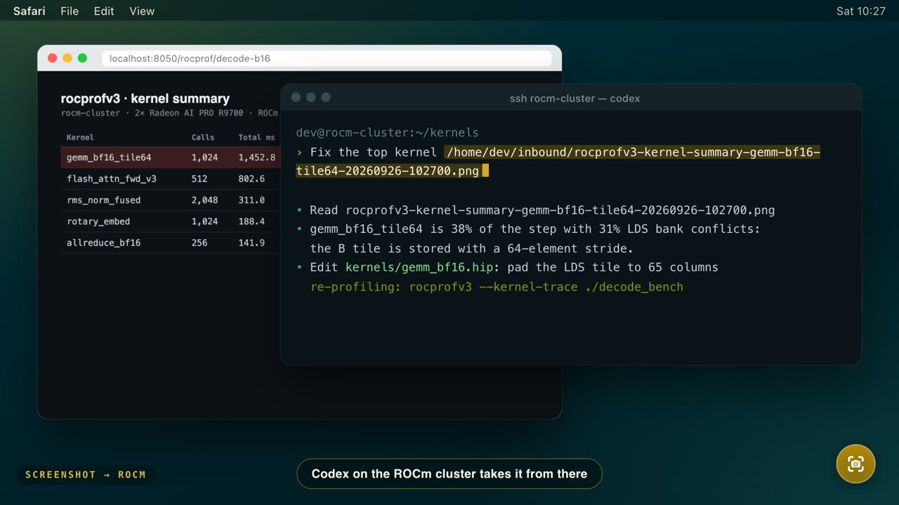 A terminal running codex on a ROCm machine with a pasted dotshot path