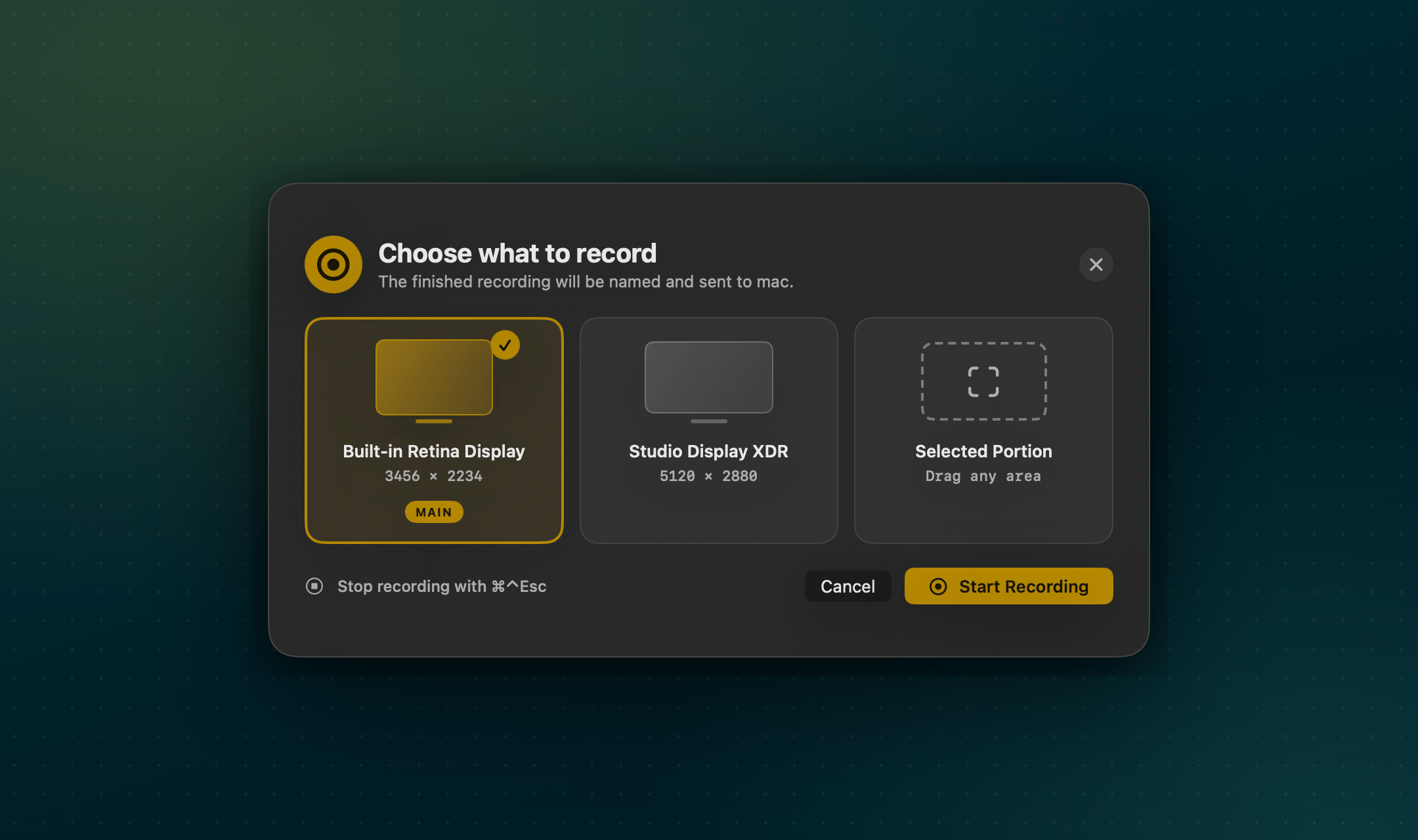 Recording picker offering the built-in display, an external display, or a selected portion