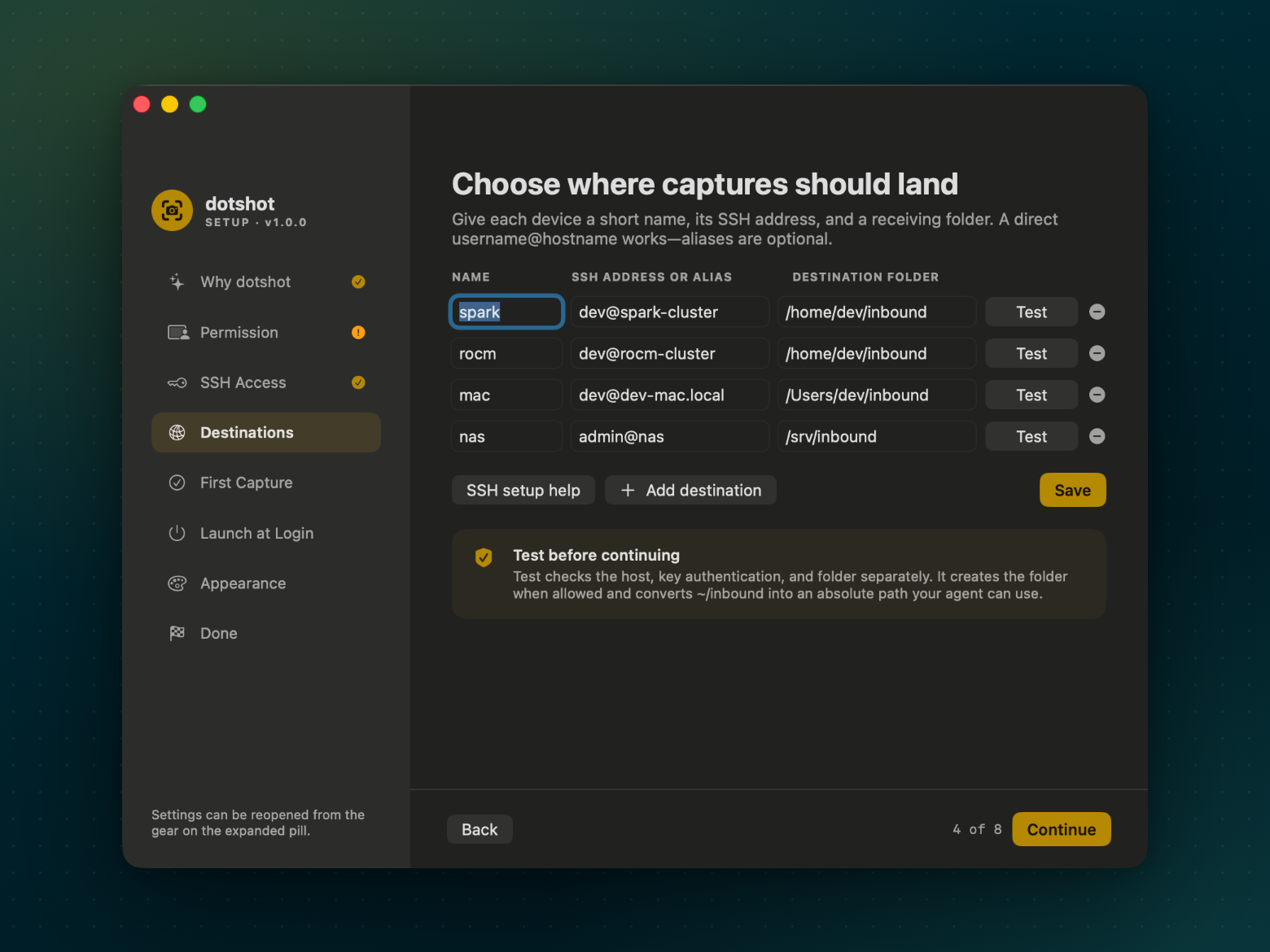 Setup window listing destinations with name, SSH address, destination folder, and a Test button for each